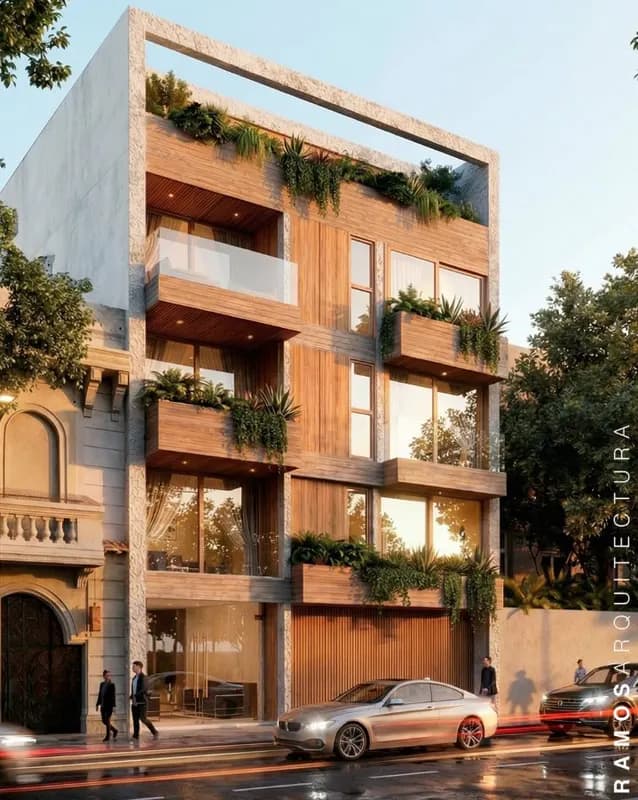Edificio con balcones de madera y vegetación en Buenos Aires - Ramos Arquitectura