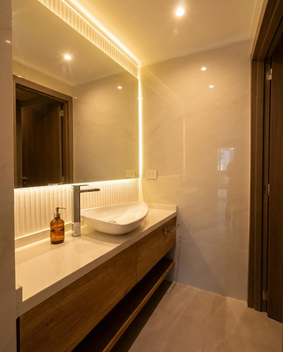 Baño secundario de Casa PZ con bacha de apoyo sobre mueble de madera y espejo retroiluminado