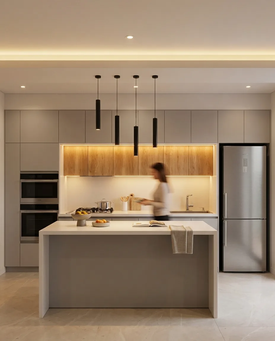 Cocina de Casa PZ con isla, alacenas en madera clara e iluminación lineal bajo bajomesada
