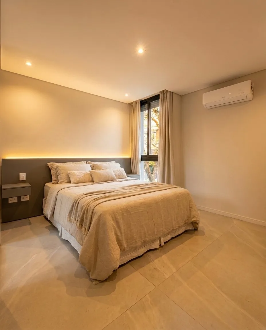 Dormitorio secundario de Casa PZ con cabecera iluminada y ventanal al frente
