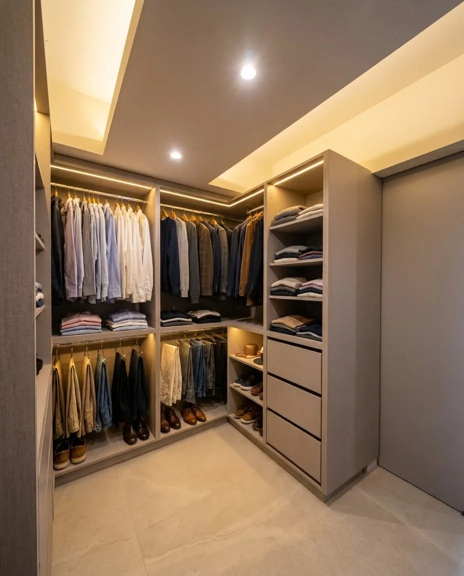 Vestidor en L de Casa PZ con cielorraso con luz perimetral y cajonera integrada